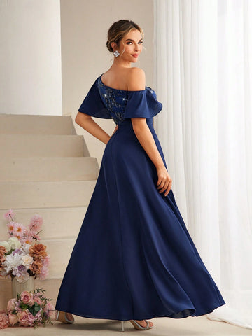 Oblique-Shoulder Sequin Decor Ruffle Sleeve Stylish Maxi Dress