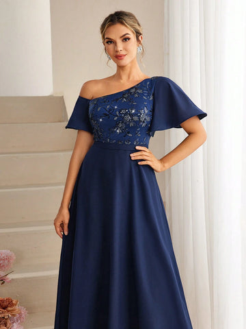 Oblique-Shoulder Sequin Decor Ruffle Sleeve Stylish Maxi Dress
