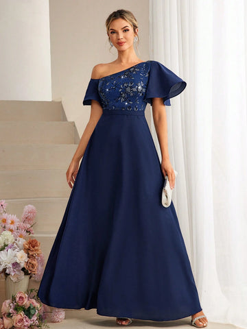 Oblique-Shoulder Sequin Decor Ruffle Sleeve Stylish Maxi Dress