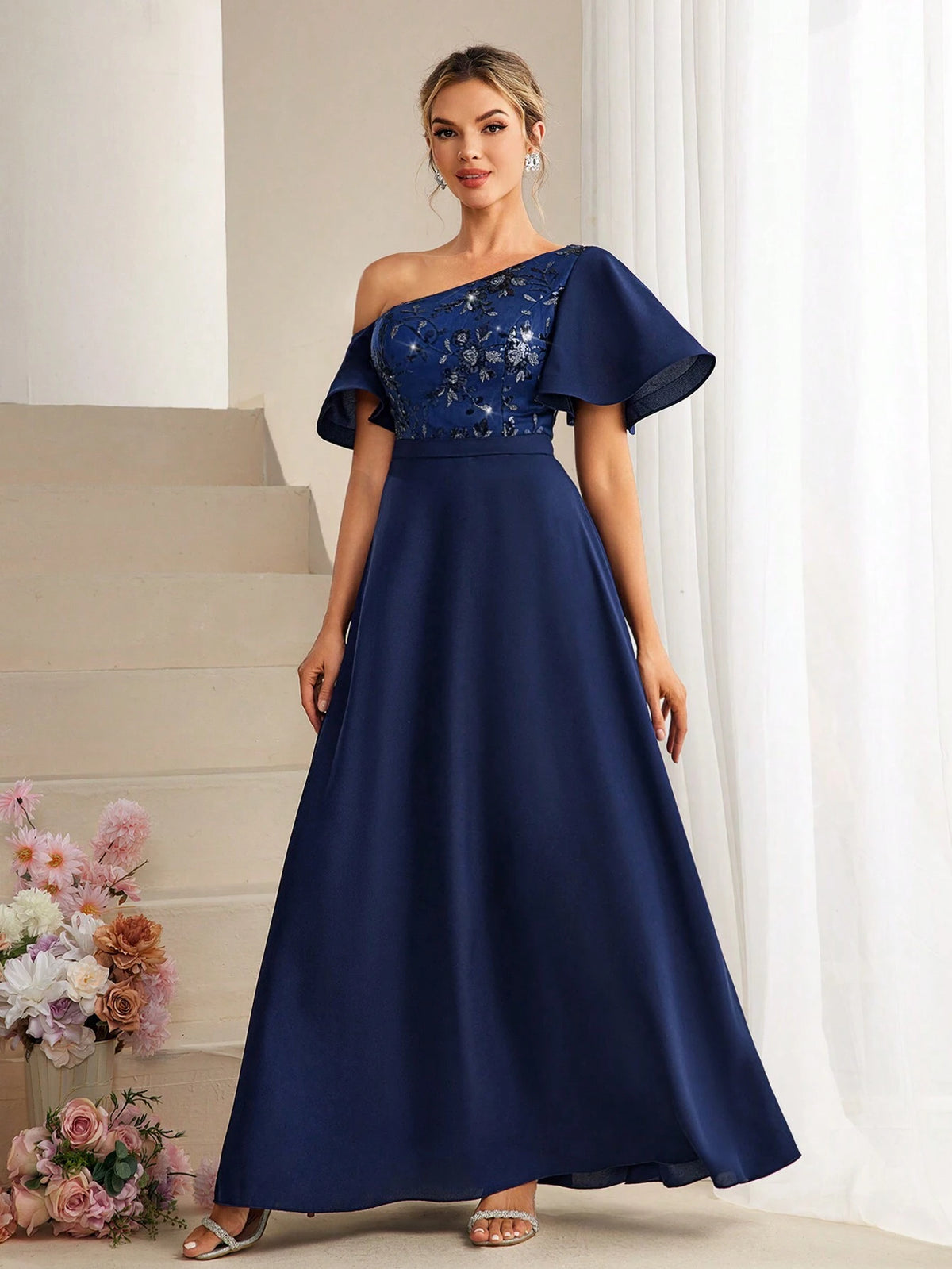 Oblique-Shoulder Sequin Decor Ruffle Sleeve Stylish Maxi Dress