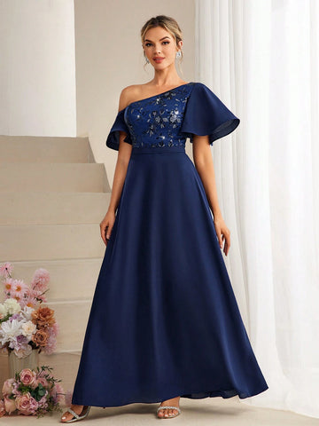 Oblique-Shoulder Sequin Decor Ruffle Sleeve Stylish Maxi Dress