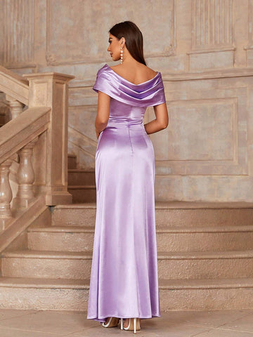 Off-Shoulder Bridesmaid Dress With Pleats, Slit And Asymmetric Hem (Adult)