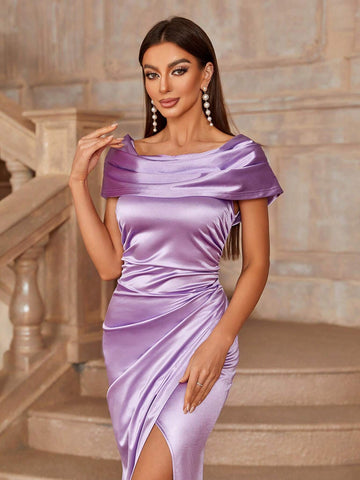 Off-Shoulder Bridesmaid Dress With Pleats, Slit And Asymmetric Hem (Adult)
