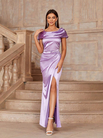 Off-Shoulder Bridesmaid Dress With Pleats, Slit And Asymmetric Hem (Adult)