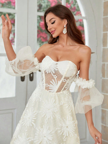 Off-Shoulder Floral Fabric 3d Flowers Tie Back Long Train Wedding Dress