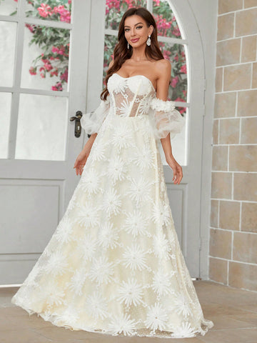 Off-Shoulder Floral Fabric 3d Flowers Tie Back Long Train Wedding Dress