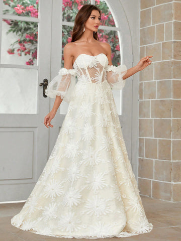 Off-Shoulder Floral Fabric 3d Flowers Tie Back Long Train Wedding Dress