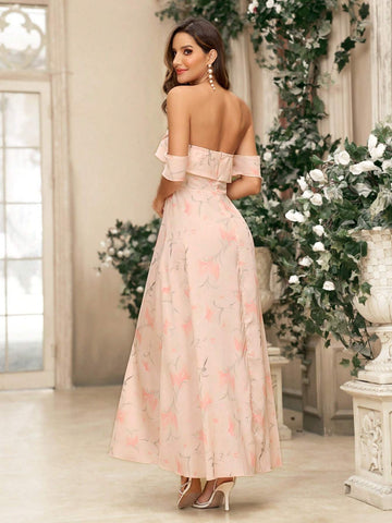 Off-Shoulder Floral Printed Elegant Bridesmaid Dress