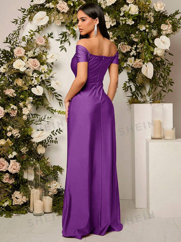 Off-Shoulder Solid Color Pleated Slit Bridesmaid Dress