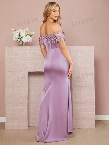 Off Shoulder Appliques Detail Mermaid Hem Bridesmaid Dress