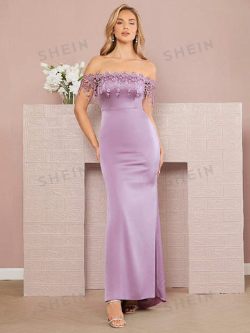 Off Shoulder Appliques Detail Mermaid Hem Bridesmaid Dress