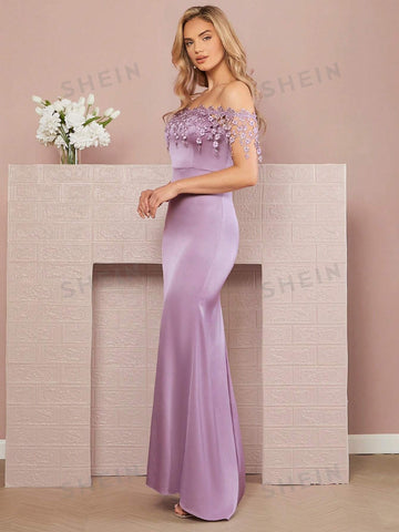 Off Shoulder Appliques Detail Mermaid Hem Bridesmaid Dress