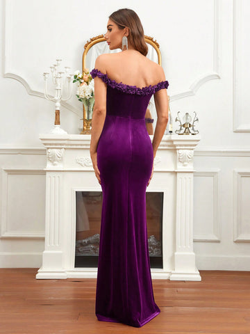Off Shoulder Appliques Detail Split Thigh Velvet Formal Dress