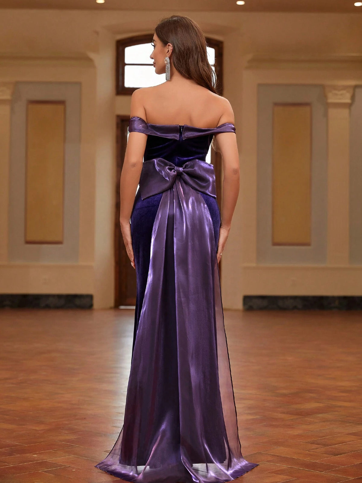 Off Shoulder Big Bow Back Fishtail Hem Formal Dress Evening Gown Prom Dress Long