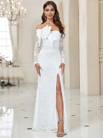 Belle Off Shoulder Big Bow Front Split Thigh Lace Wedding Dress Without Veil