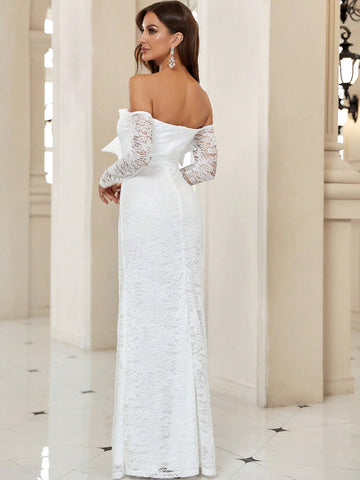 Belle Off Shoulder Big Bow Front Split Thigh Lace Wedding Dress Without Veil
