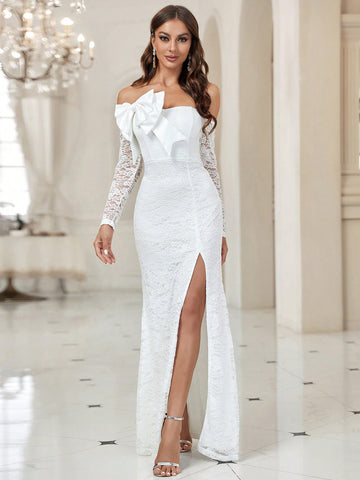 Belle Off Shoulder Big Bow Front Split Thigh Lace Wedding Dress Without Veil