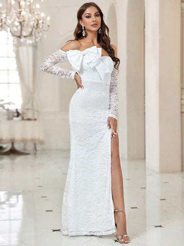 Belle Off Shoulder Big Bow Front Split Thigh Lace Wedding Dress Without Veil