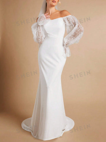 Off Shoulder Contrast Embroidery Mesh Flounce Sleeve Mermaid Hem Wedding Dress Without Veil