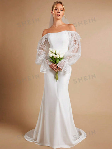 Off Shoulder Contrast Embroidery Mesh Flounce Sleeve Mermaid Hem Wedding Dress Without Veil
