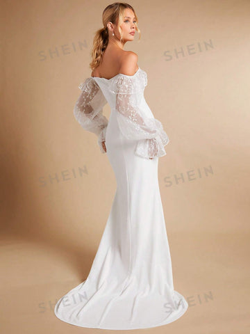 Off Shoulder Contrast Embroidery Mesh Flounce Sleeve Mermaid Hem Wedding Dress Without Veil
