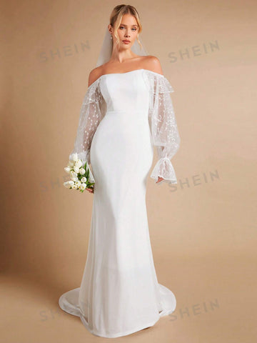 Off Shoulder Contrast Embroidery Mesh Flounce Sleeve Mermaid Hem Wedding Dress Without Veil