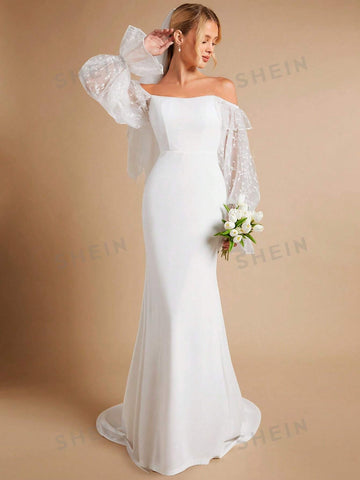 Off Shoulder Contrast Embroidery Mesh Flounce Sleeve Mermaid Hem Wedding Dress Without Veil