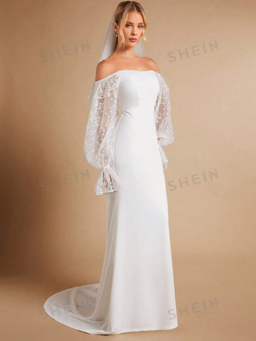 Off Shoulder Contrast Embroidery Mesh Flounce Sleeve Mermaid Hem Wedding Dress Without Veil