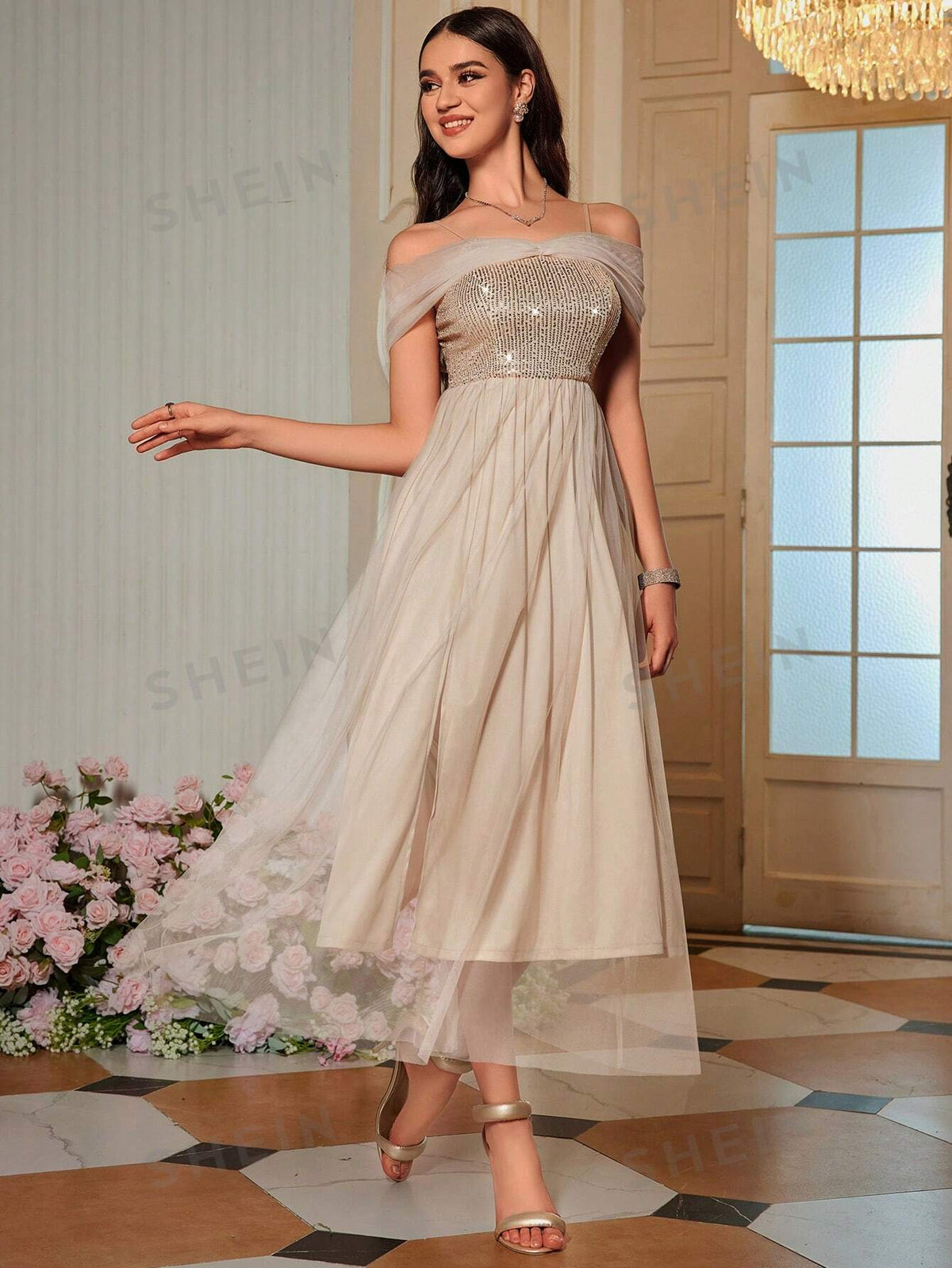 Off Shoulder Contrast Sequin Mesh Bridesmaid Dress