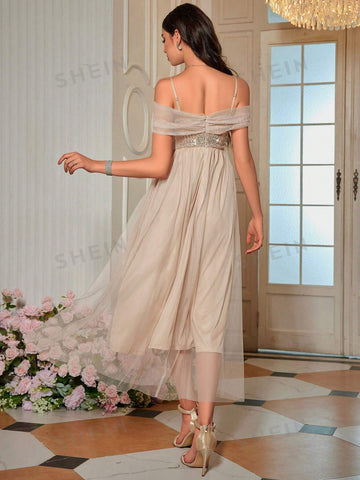 Off Shoulder Contrast Sequin Mesh Bridesmaid Dress