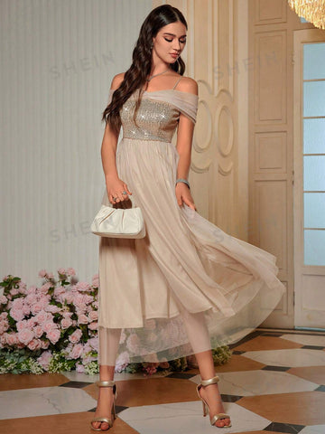 Off Shoulder Contrast Sequin Mesh Bridesmaid Dress
