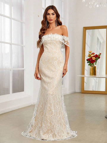 Off Shoulder Floor Length Wedding Dress