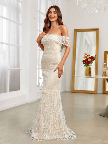Off Shoulder Floor Length Wedding Dress