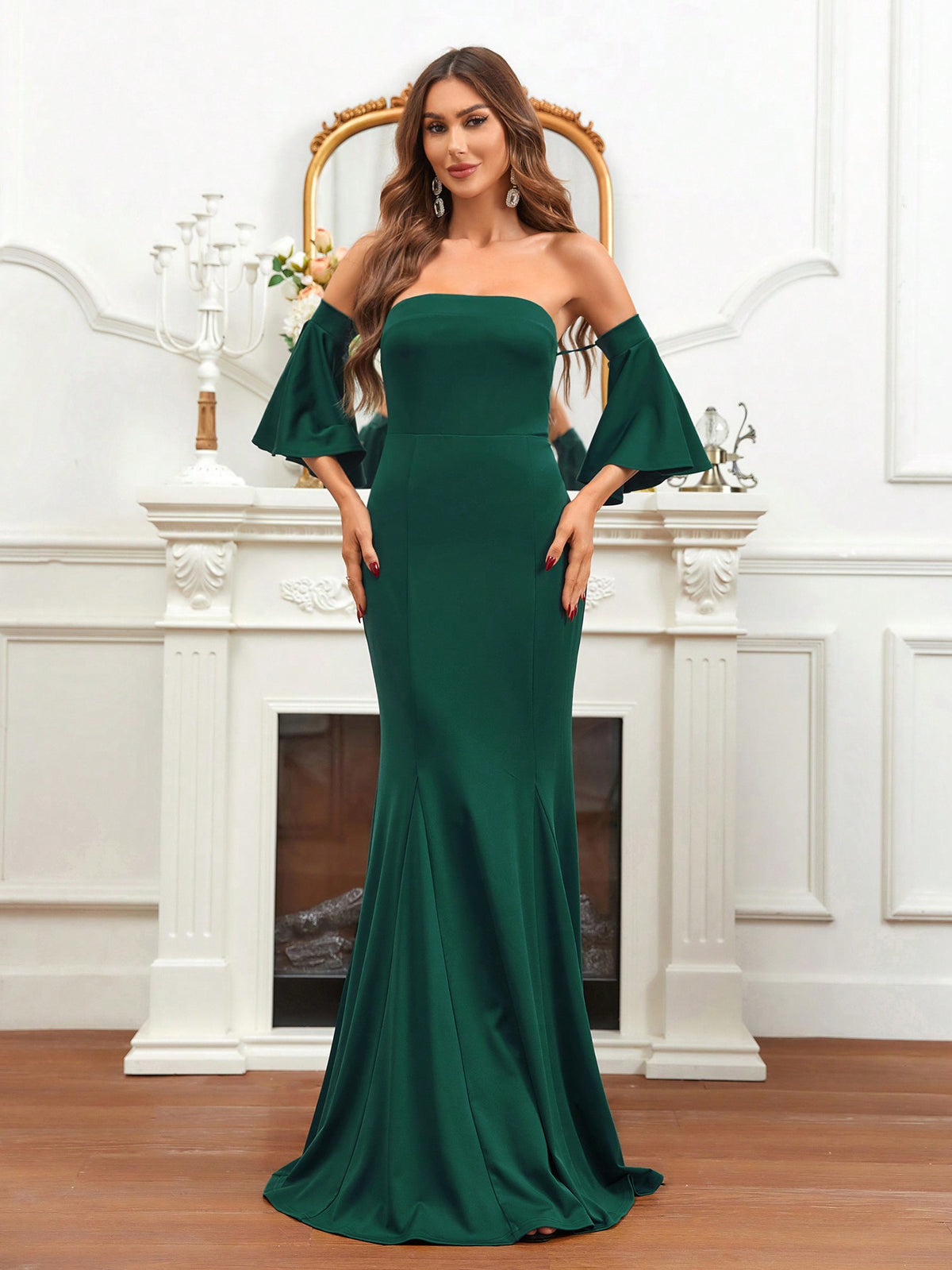 Off Shoulder Flounce Sleeve Mermaid Hem Formal Dress