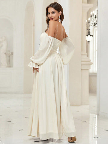 Off Shoulder Flounce Sleeve Split Thigh Wedding Dress