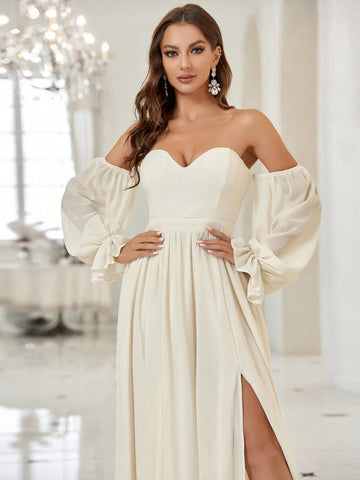 Off Shoulder Flounce Sleeve Split Thigh Wedding Dress