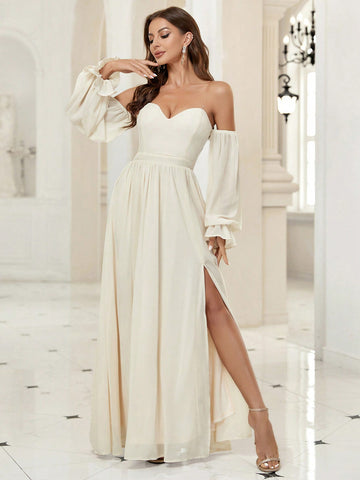 Off Shoulder Flounce Sleeve Split Thigh Wedding Dress