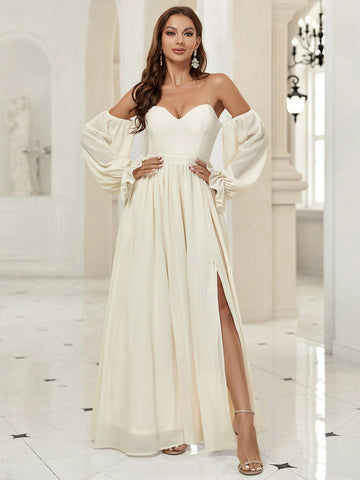 Off Shoulder Flounce Sleeve Split Thigh Wedding Dress