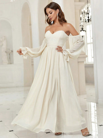 Off Shoulder Flounce Sleeve Split Thigh Wedding Dress