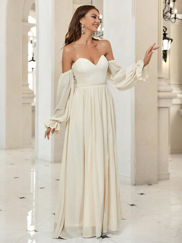 Off Shoulder Flounce Sleeve Split Thigh Wedding Dress