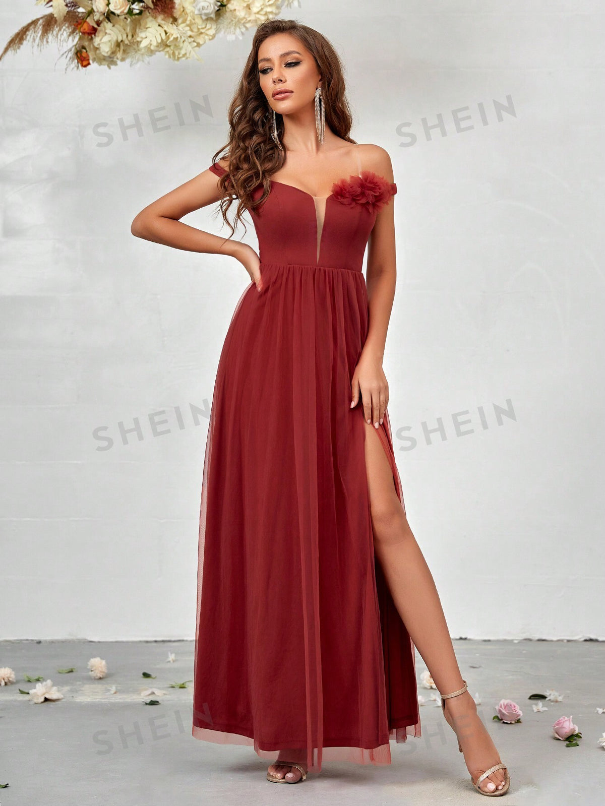 Off Shoulder Fuzzy Trim Split Thigh Mesh Bridesmaid Dress
