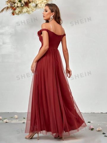 Off Shoulder Fuzzy Trim Split Thigh Mesh Bridesmaid Dress