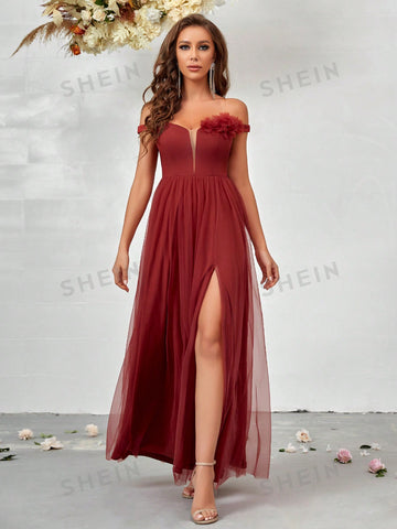 Off Shoulder Fuzzy Trim Split Thigh Mesh Bridesmaid Dress