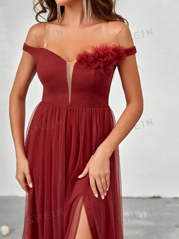 Off Shoulder Fuzzy Trim Split Thigh Mesh Bridesmaid Dress