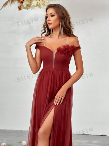 Off Shoulder Fuzzy Trim Split Thigh Mesh Bridesmaid Dress