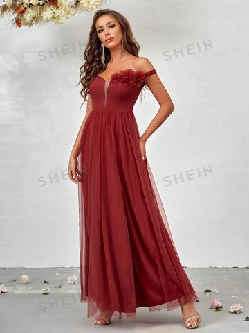 Off Shoulder Fuzzy Trim Split Thigh Mesh Bridesmaid Dress