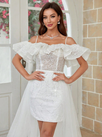 Off Shoulder Glittery Mesh & Sequin Patchwork Wedding Dress With Train