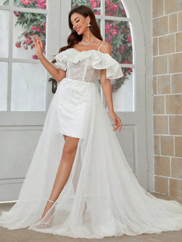 Off Shoulder Glittery Mesh & Sequin Patchwork Wedding Dress With Train