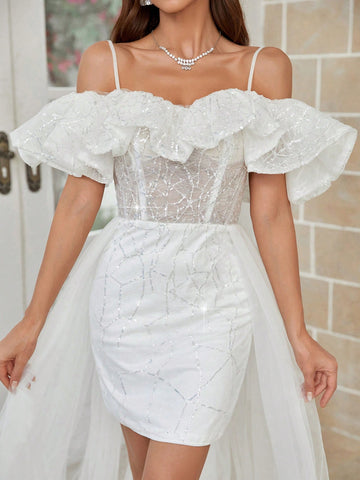 Off Shoulder Glittery Mesh & Sequin Patchwork Wedding Dress With Train