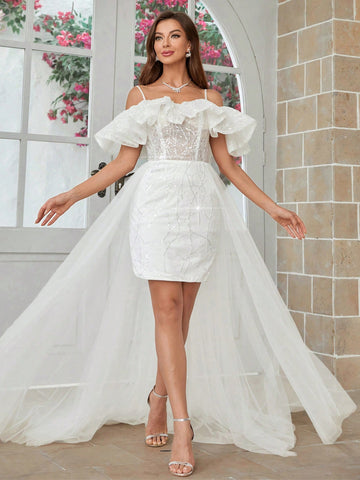 Off Shoulder Glittery Mesh & Sequin Patchwork Wedding Dress With Train